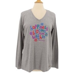 Life is Good Crusher Tee Womens L Happiness Blooms From Within Gray Everyday NWT